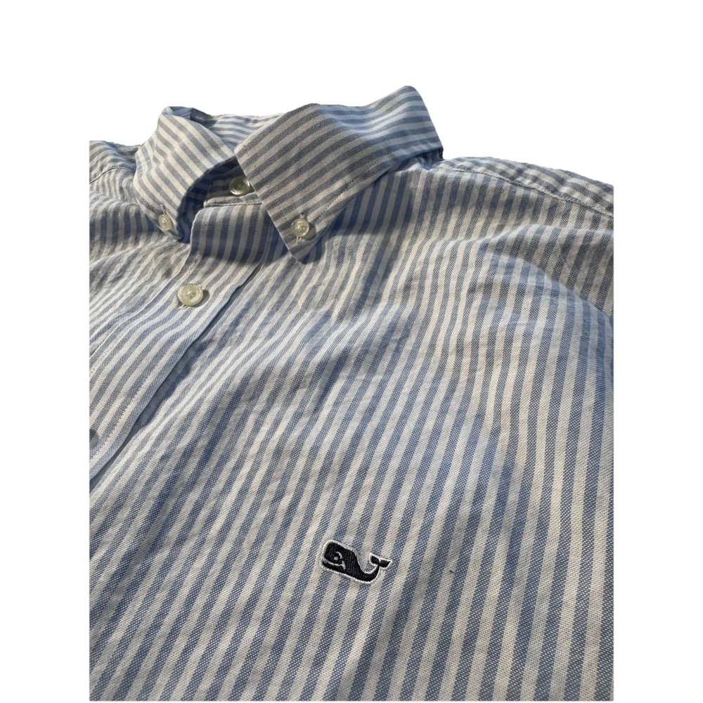 Men's Vineyard Vines Button Down Shirt XL— Blue & White Striped Whale Logo